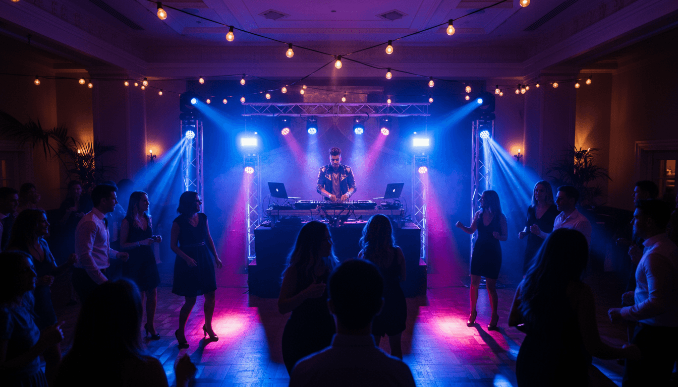DJ performing behind mixing console with dynamic blue and purple lighting as diverse guests dance at festive evening celebration