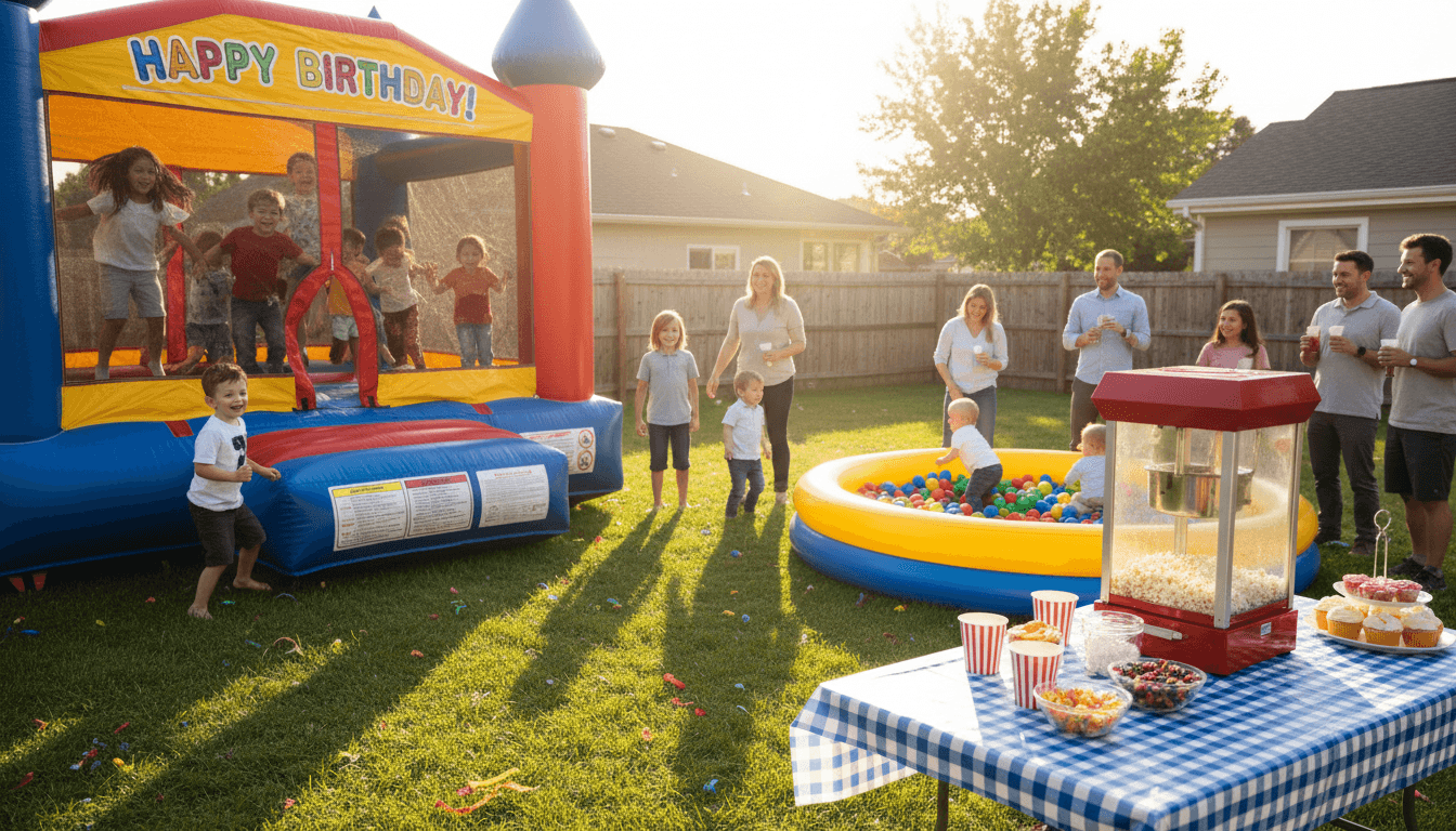 Children playing in colorful bounce house with popcorn machine and snacks at outdoor birthday party celebration
