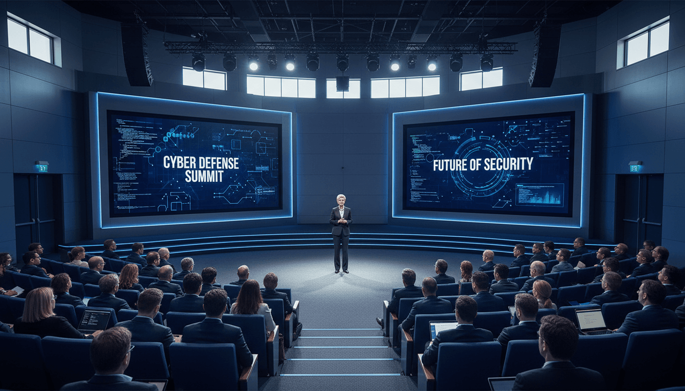 Conference stage with dramatic lighting and full audience
