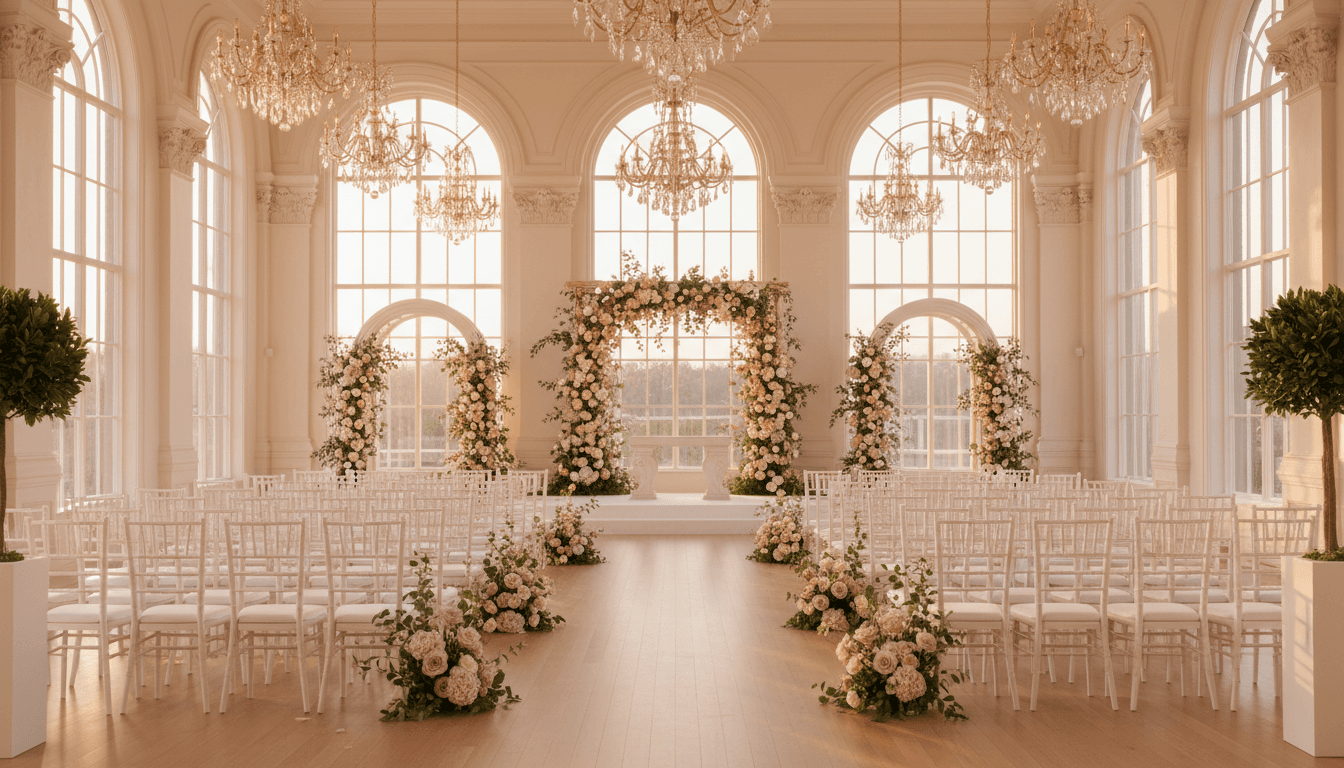 Elegant engagement party with champagne tower and floral decorations