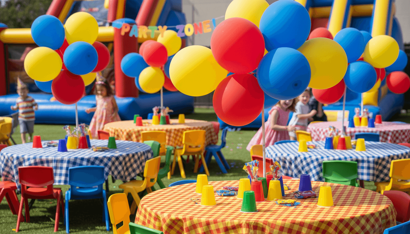 Colorful children's birthday party with rental tables, festive balloon decorations, and inflatable structures in outdoor garden setting