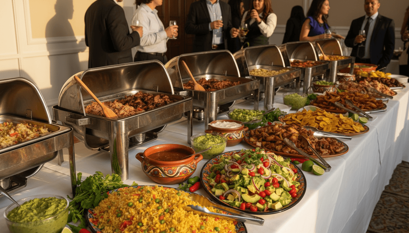 Colorful buffet spread of Latin American dishes in serving platters at event gathering with warm lighting