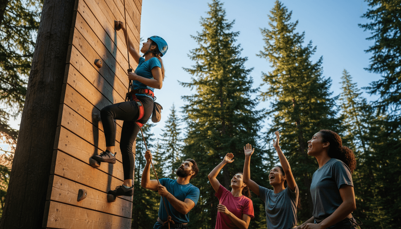 Woman climbing tall wooden wall in safety harness while diverse team members spot and encourage from below in forest setting
