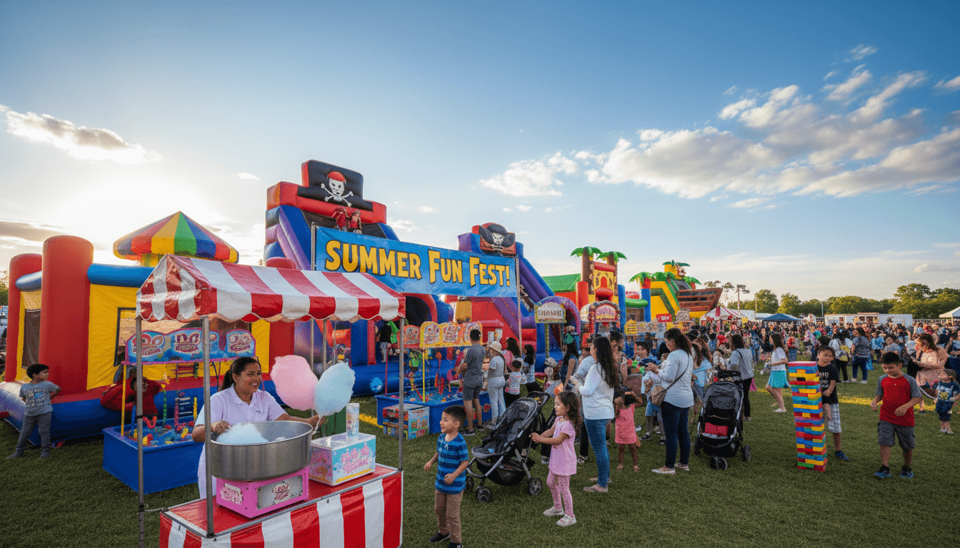 Colorful inflatable bounce houses and carnival games at outdoor community festival with families enjoying food and entertainment