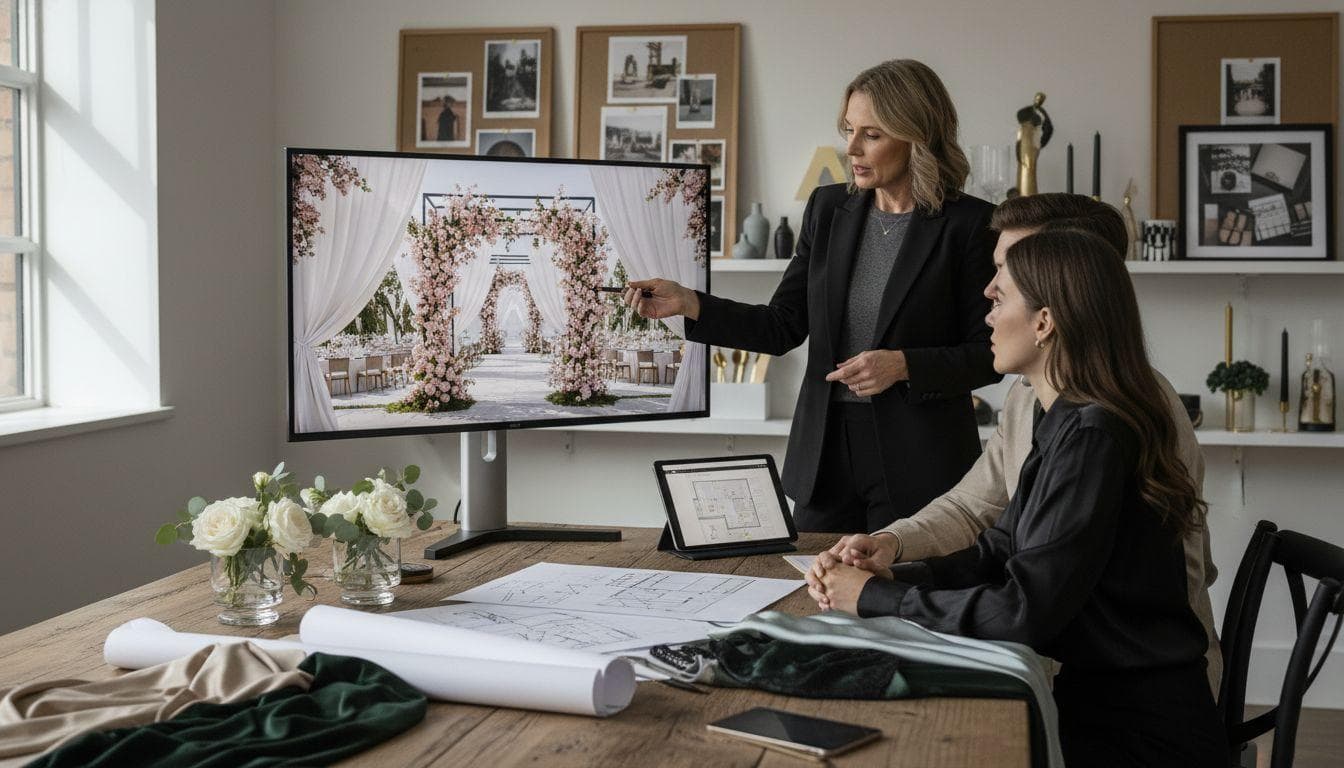 A wedding planner presents a floral arch design on a monitor to a seated couple.