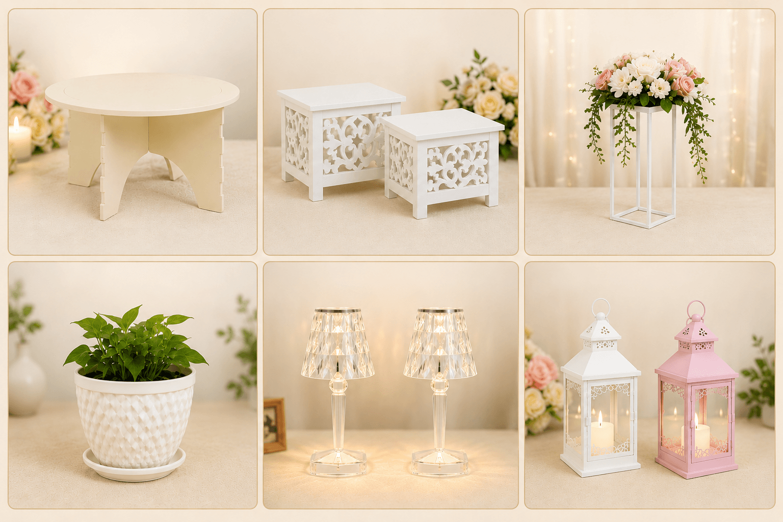 Six-panel collage of elegant event decor featuring white pedestals, floral stands, crystal lamps, and lanterns.