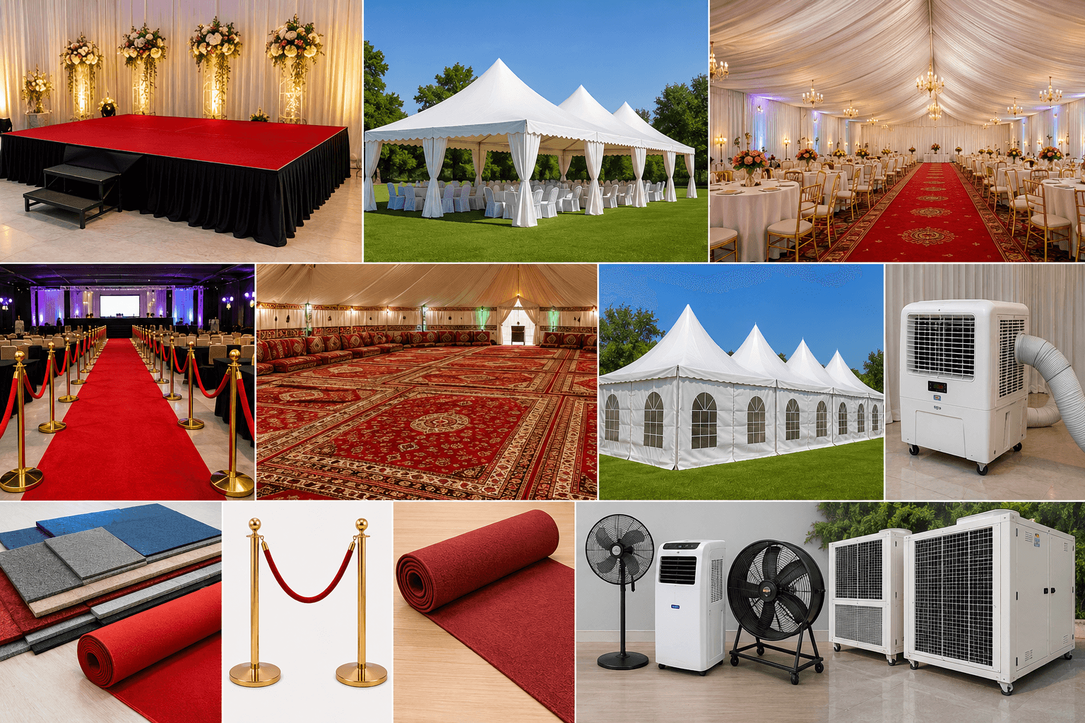Collage of event rental equipment including tents, red carpets, stanchions, stages, and cooling units.