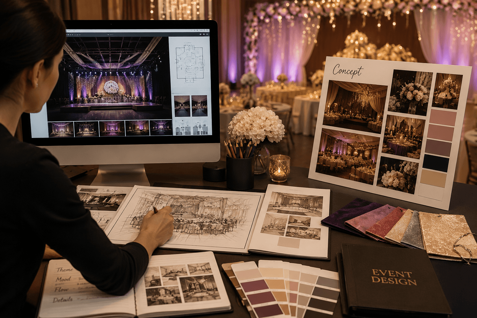 Event designer at a desk with sketches, mood boards, and digital renders for a gala.
