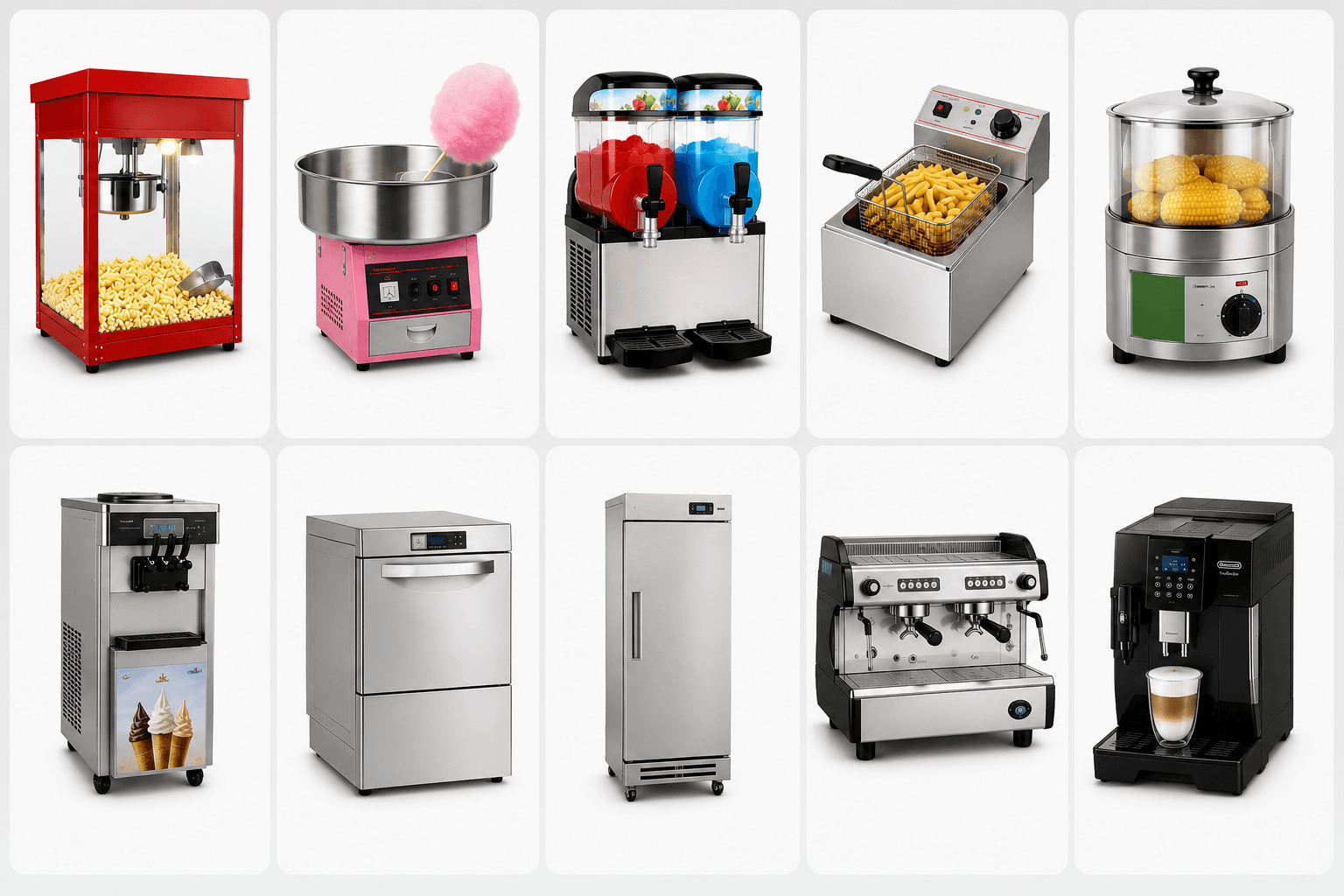 Ten commercial food and beverage machines including popcorn, slushy, ice cream, and coffee makers.