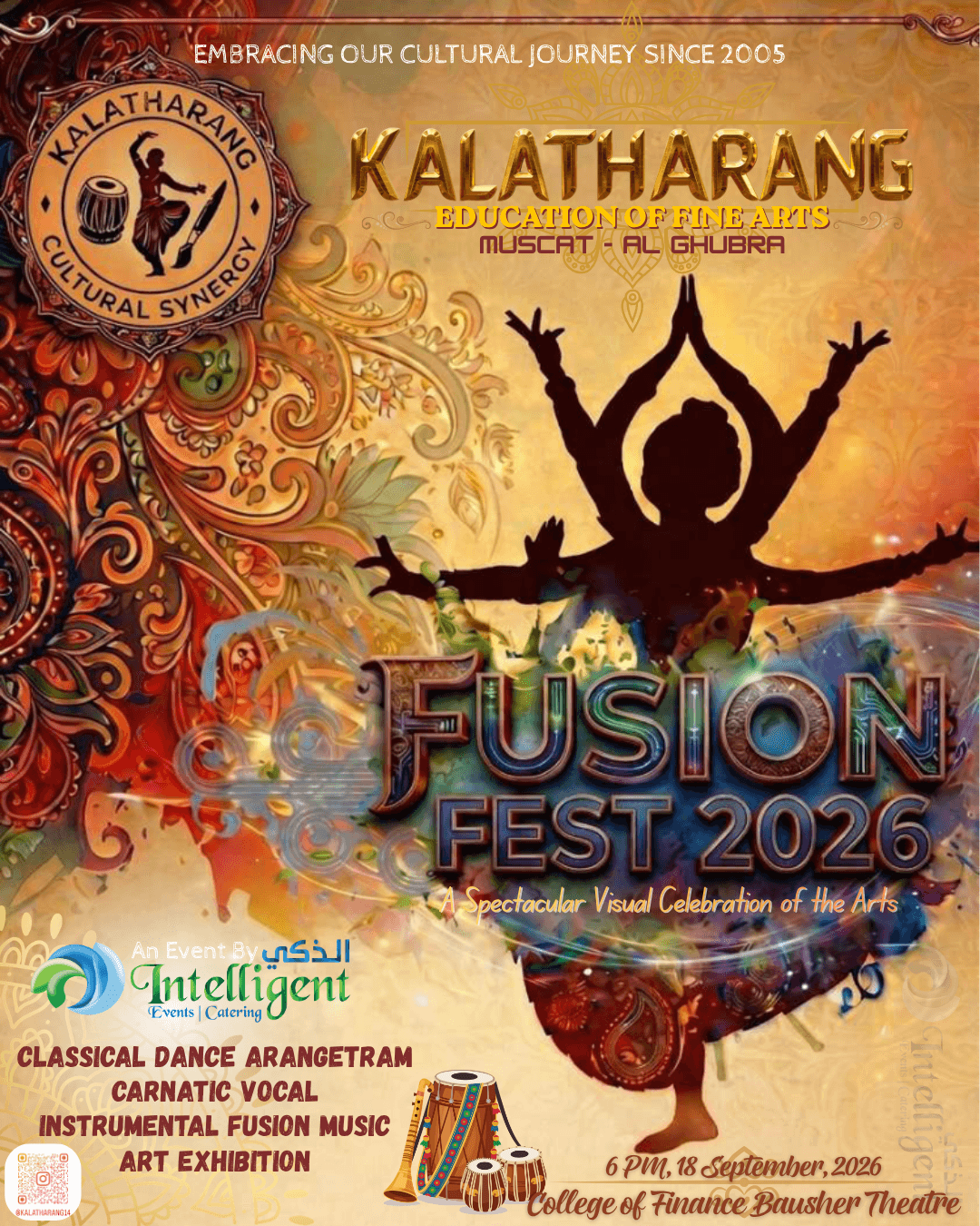 Vibrant Fusion Fest 2026 poster featuring a dancer silhouette with multiple arms and event details.