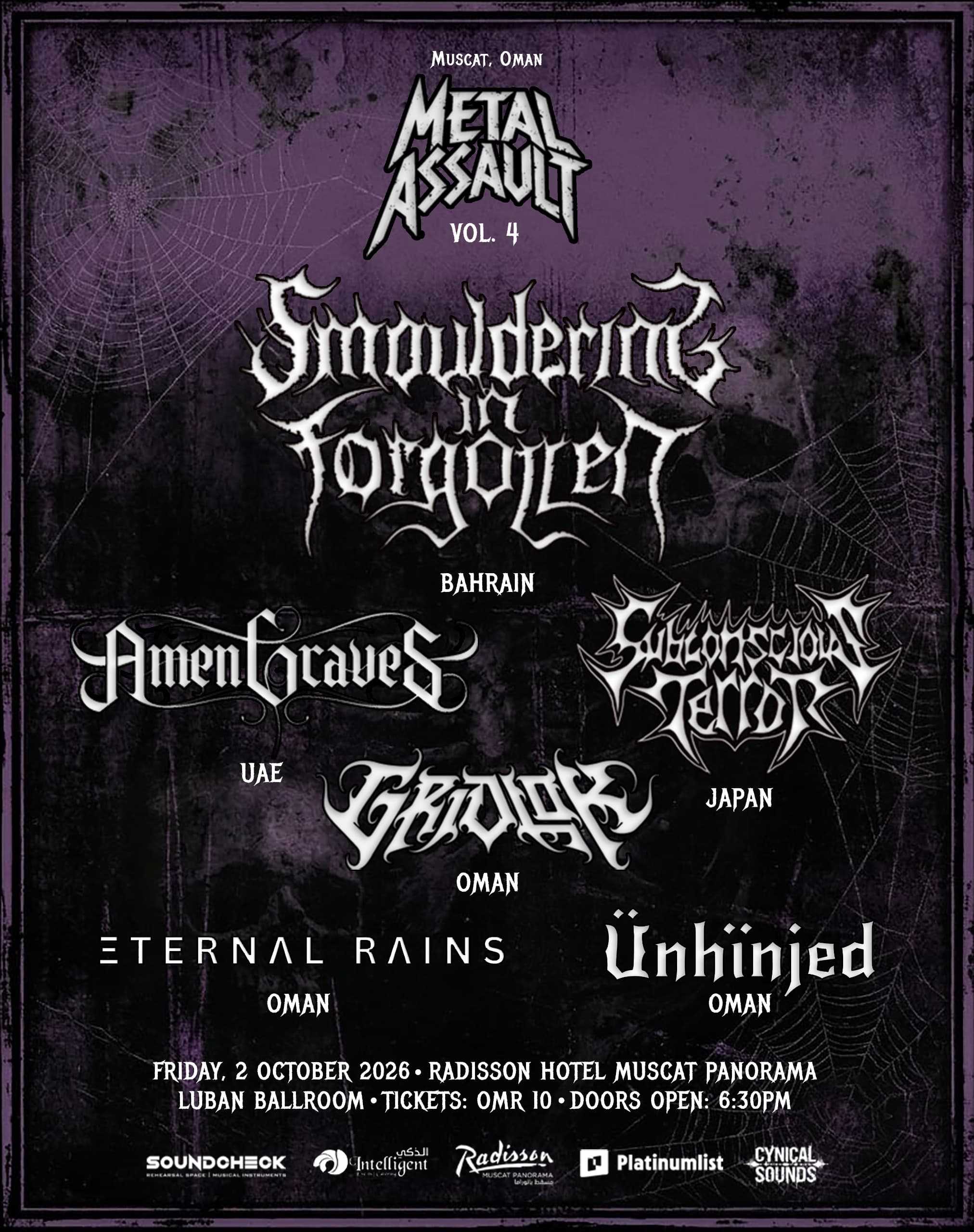 Dark purple poster for Metal Assault Vol. 4 in Muscat, Oman, featuring six metal bands.