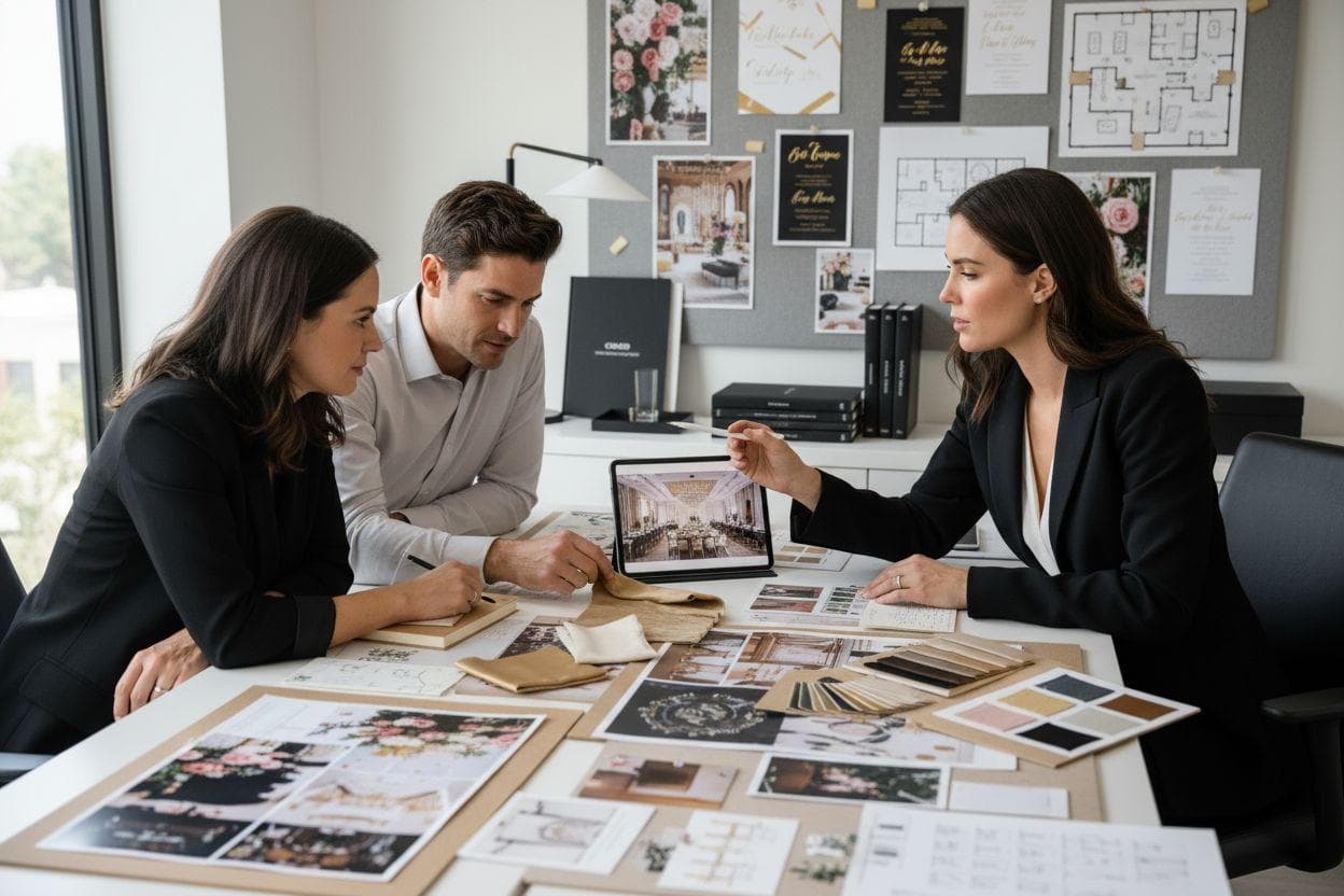 Three professionals reviewing fabric swatches and a tablet during a design consultation in an office.