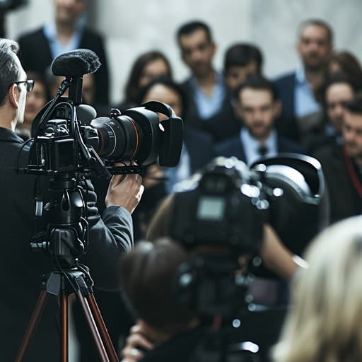 Professional video camera on a tripod filming a blurred crowd at a press conference.