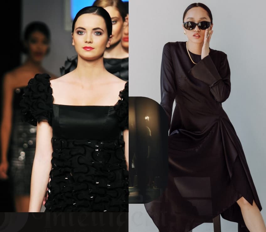Collage of two women wearing stylish black dresses, one on a runway and one posing.