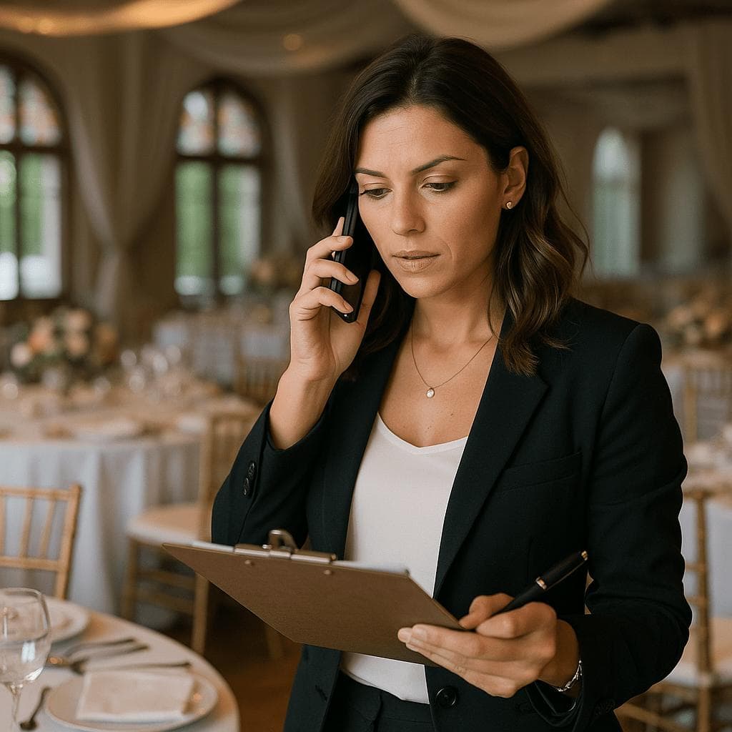 Professional woman talks on a phone while holding a clipboard in an elegant ballroom.